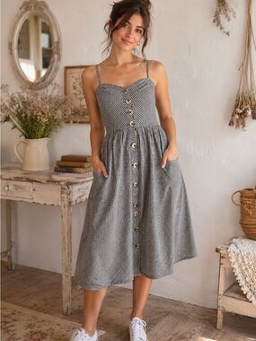 BDG Black & White Gingham Button-Front Midi Dress